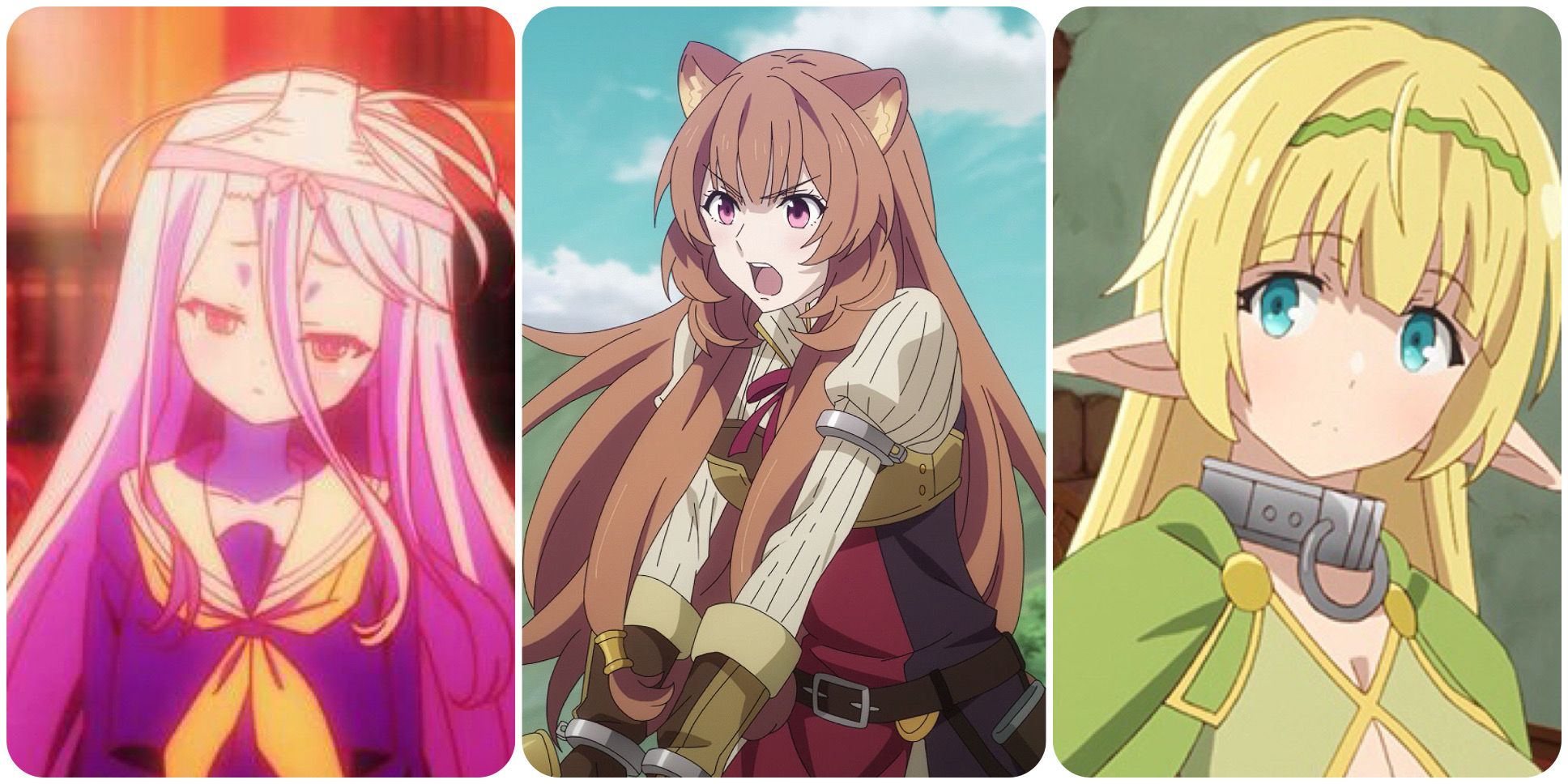 Main characters from No Game No life, Rising of the Shield Hero and How Not to Summon a Demon Lord