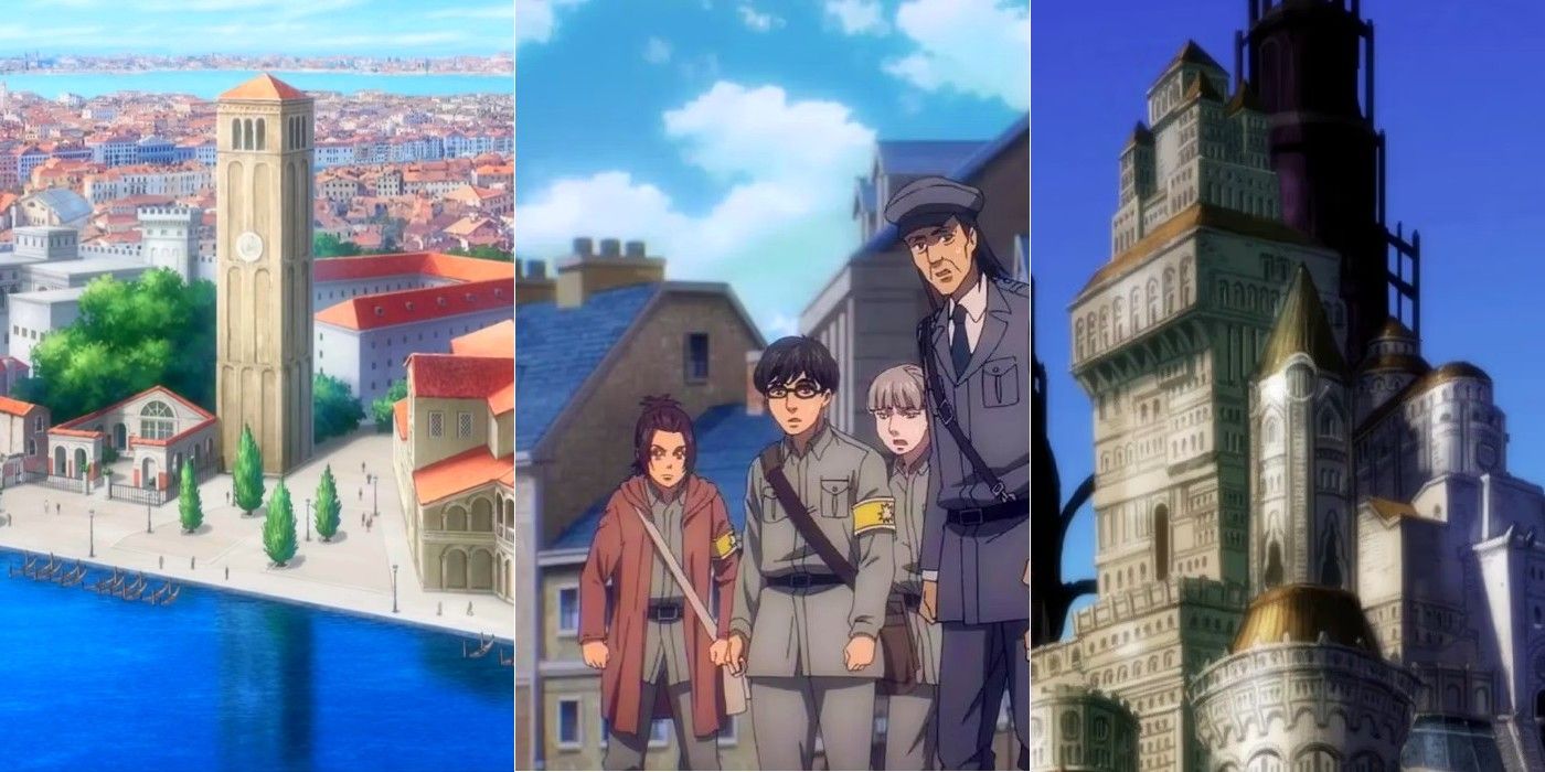 A split image of Neo Venezia in the Aria anime, Marleyan soldiers from Attack on Titan, and the castle in Alvarez Empire from Fairy Tail