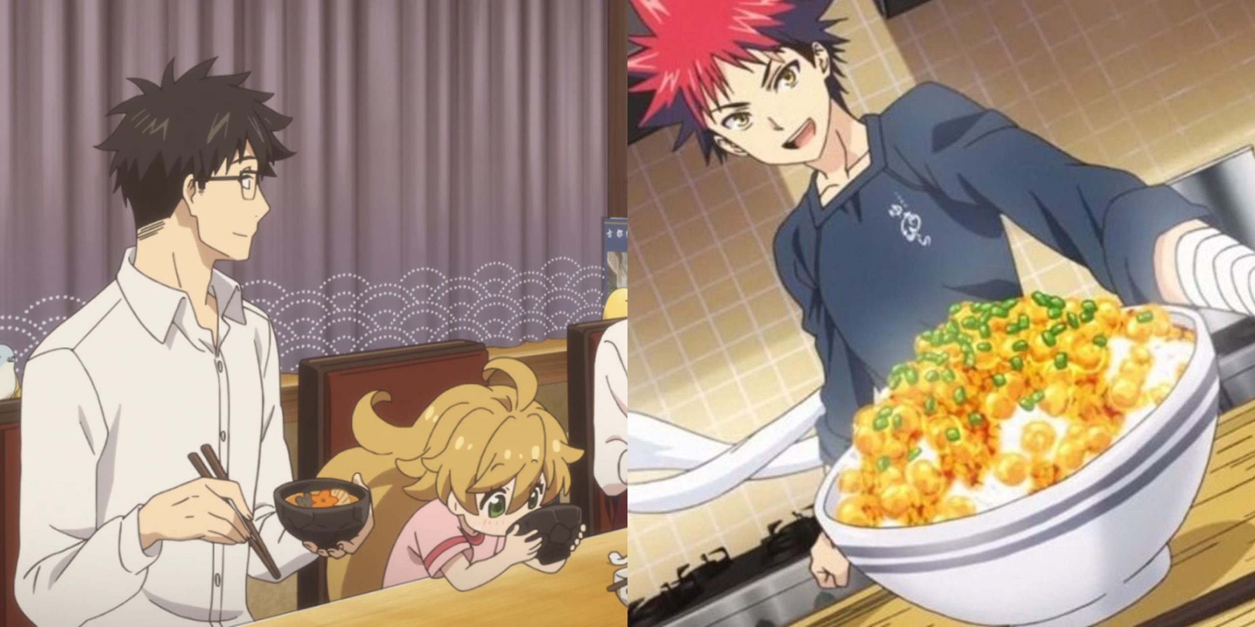 Featured image split the family eating in Sweetness and Lightning and Soma presenting food in Food Wars