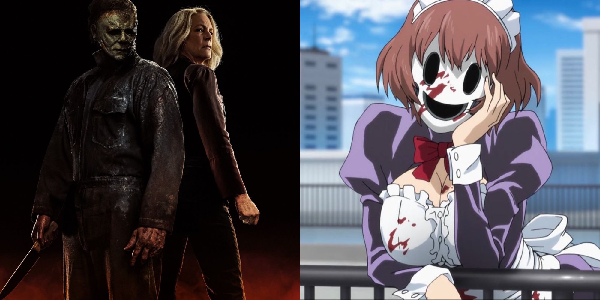 Split image showing Michael Myers and Laurie Strode on the poster for Halloween Ends and a character from High-Rise Invasion.