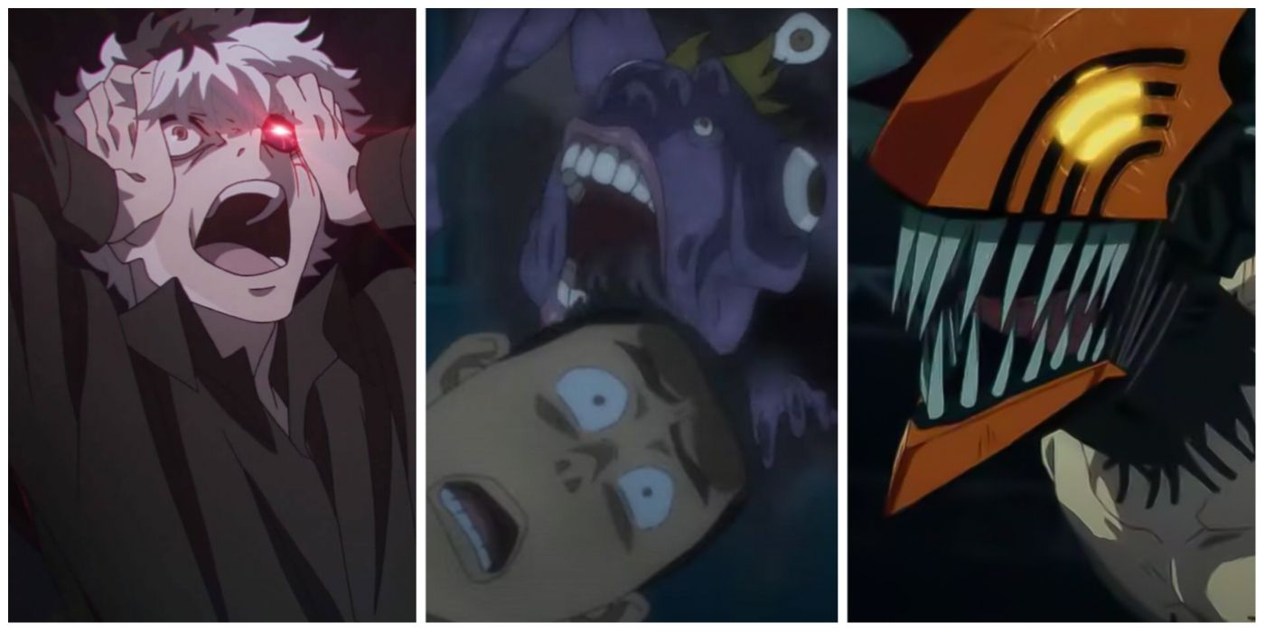 A split image of Tokyo Ghoul's Kaneki, Jujutsu Kaisen's Curses, and Denji from Chainsaw Man