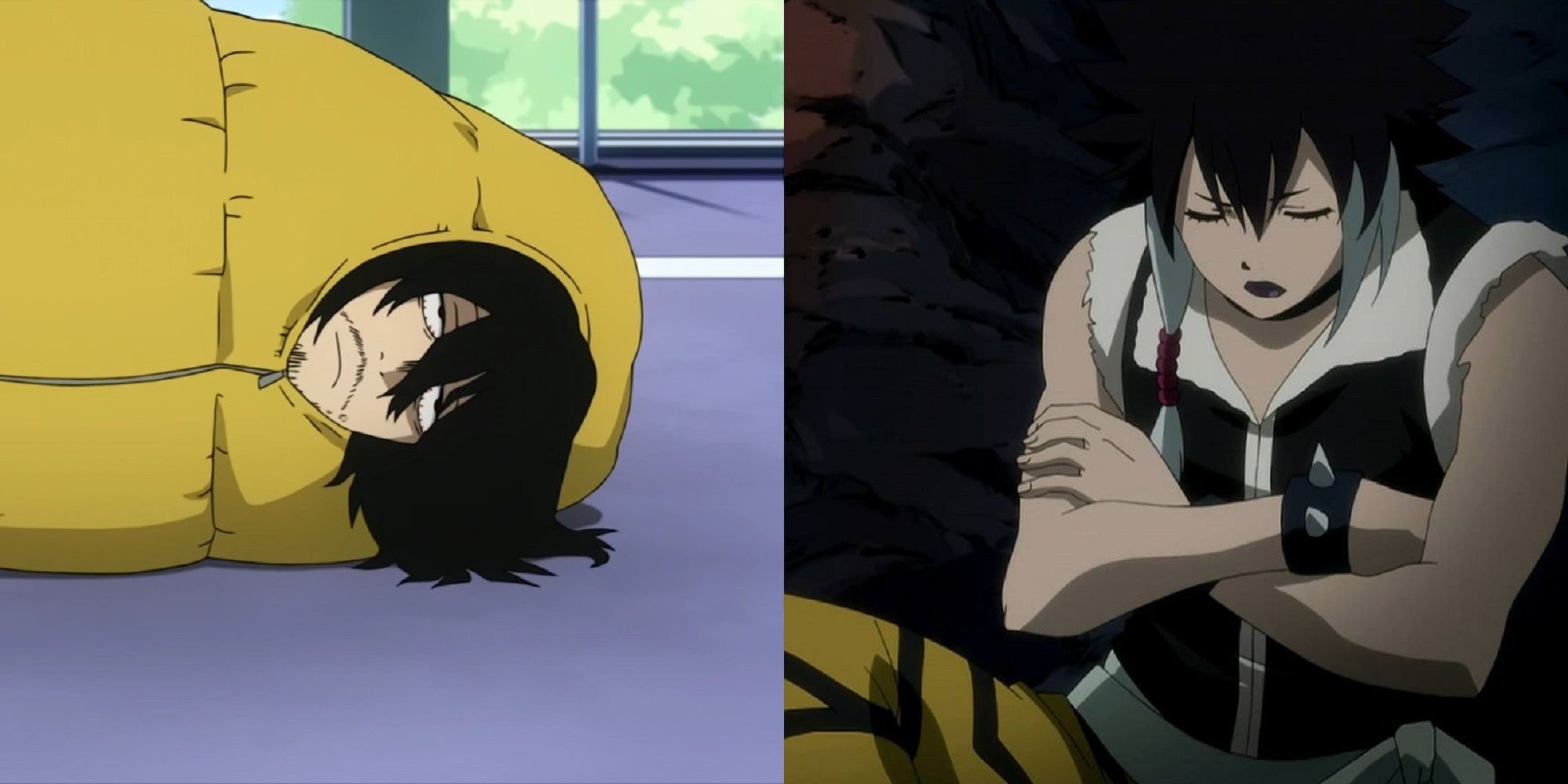 Split image of Shota Aizawa in his sleeping bag in My Hero Academia and Midnight sleeping while sitting up in Fairy Tail