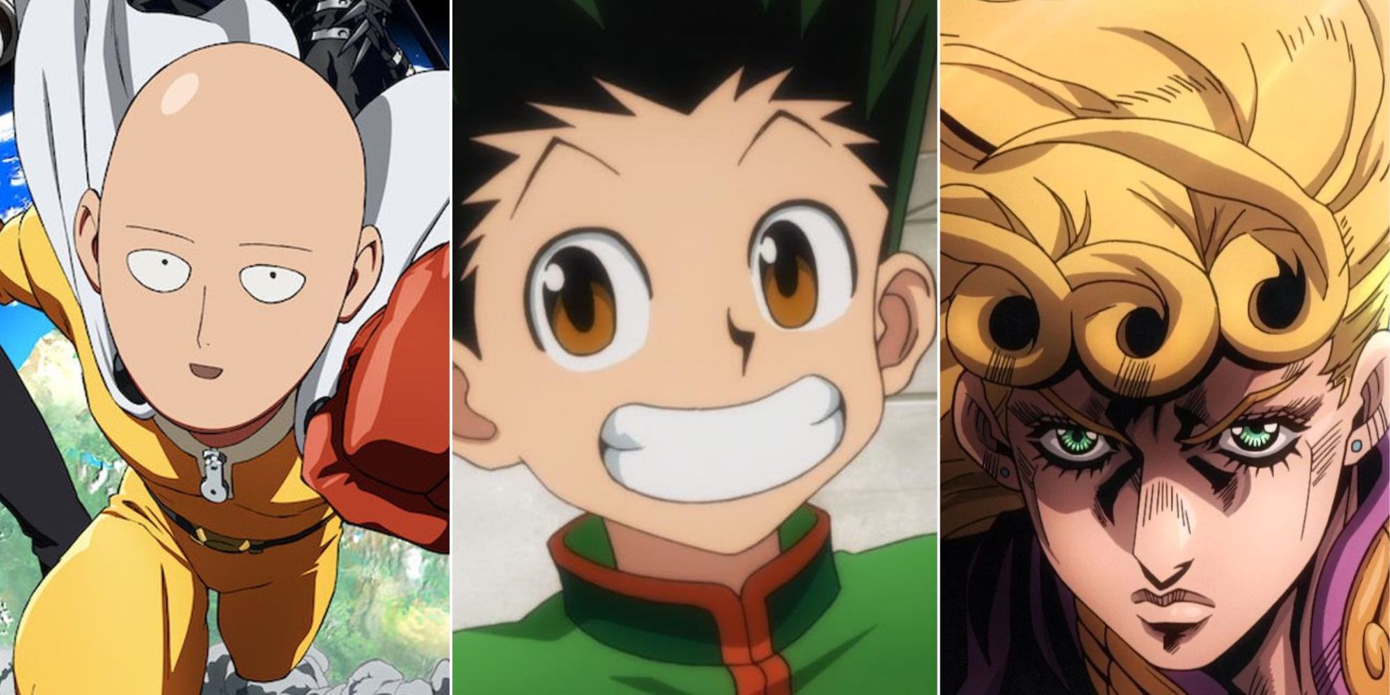 triple image of saitama from one punch man, Gon from hunter x hunter and Giorno from jojo's bizarre adventure