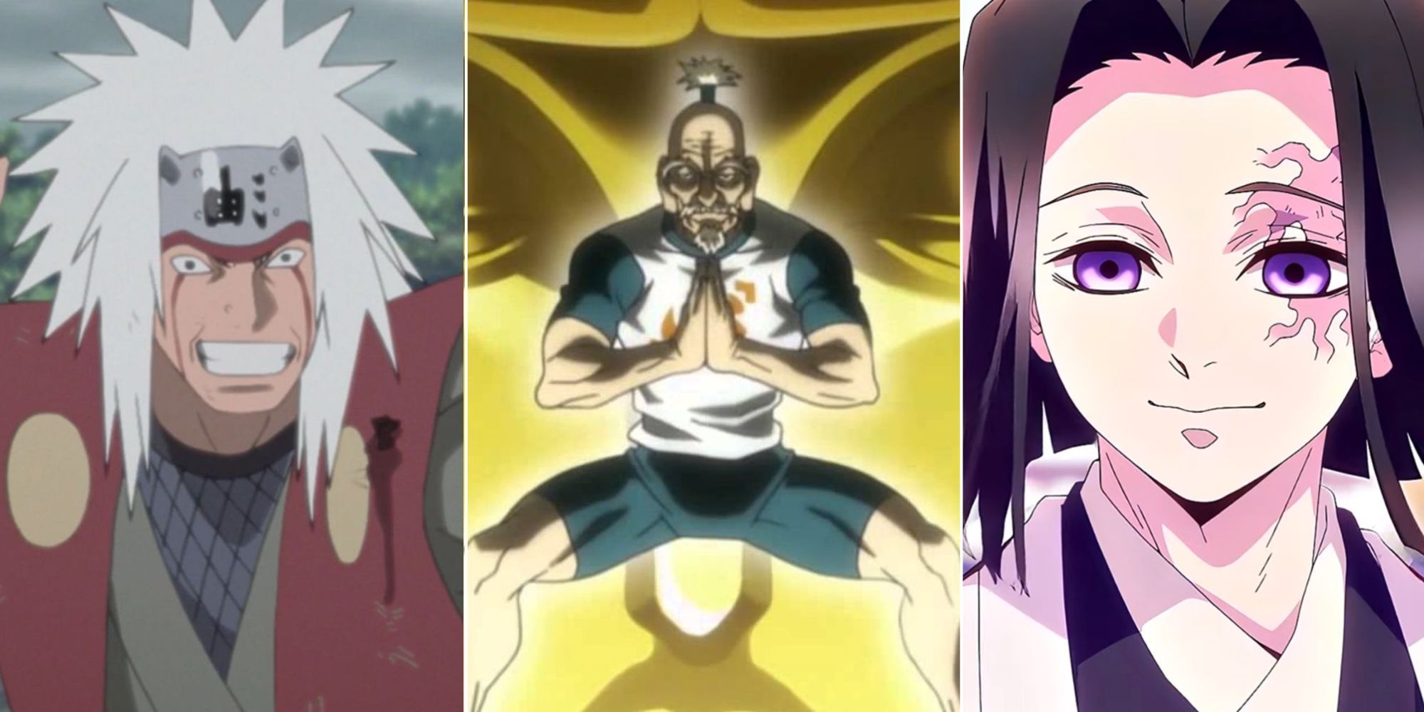 3 way image of Jiraiya from Naruto, Netero from Hunter x Hunter, and Ubayashiki from Demon Slayer