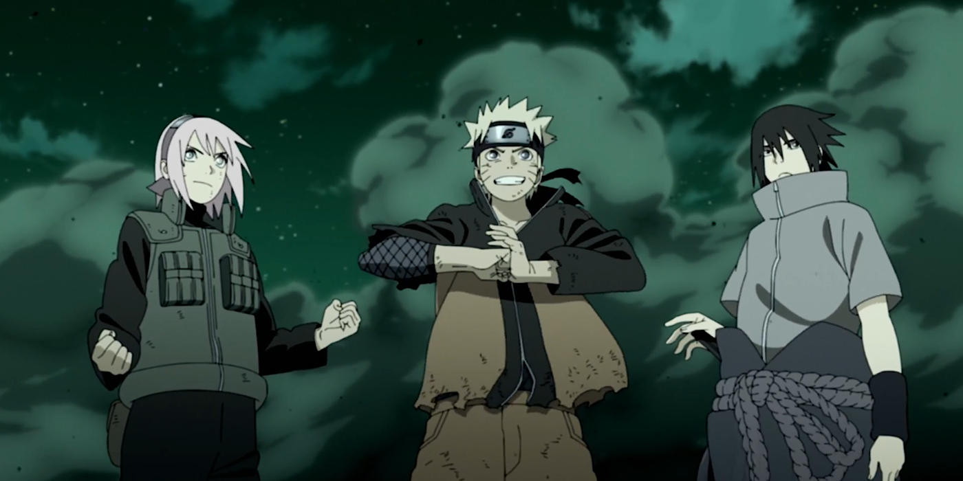 Sakura Haruno, Naruto Uzumaki and Sasuke Uchiha standing side by side