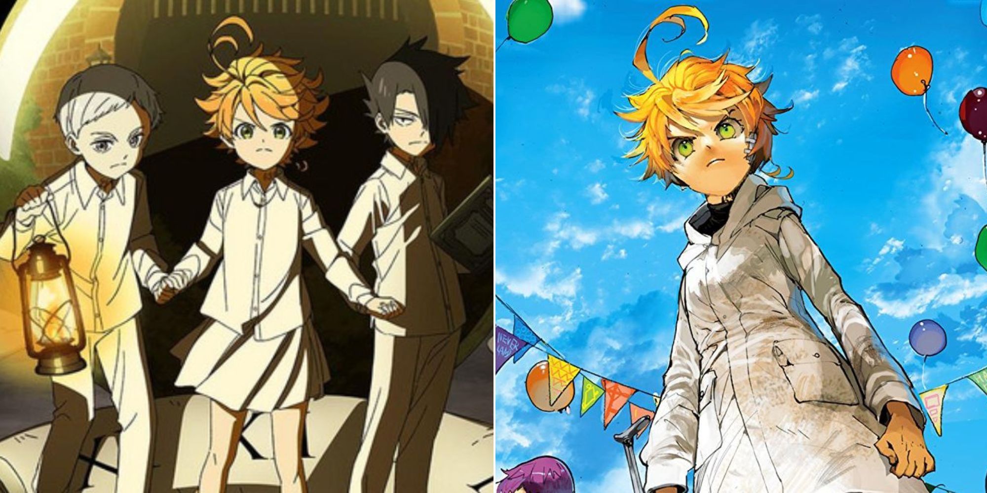 Split image of the promised neverland anime poster and manga cover art