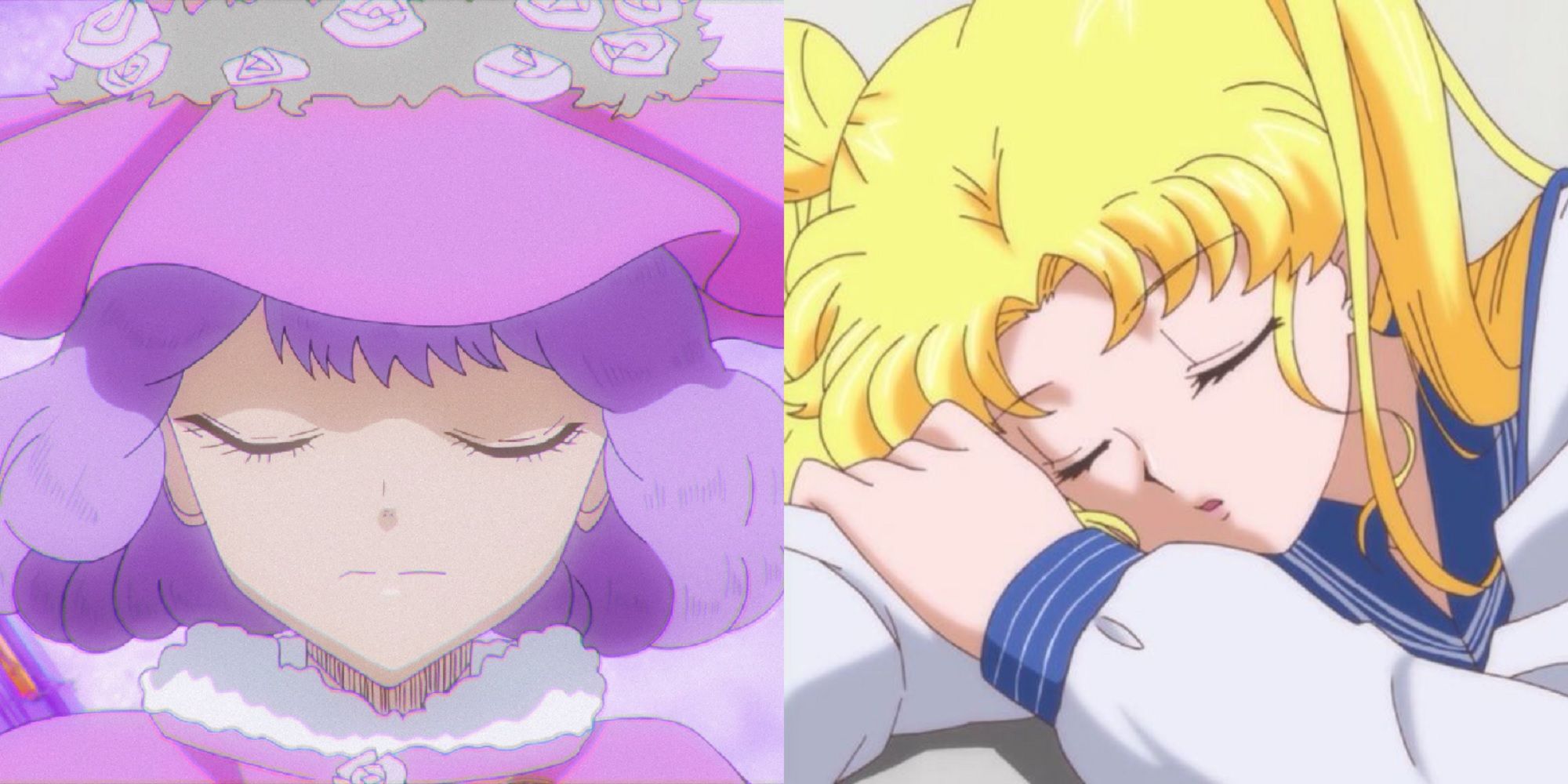 Split image of Black Clover's Dorothy Unsworth with her eyes closed and a sleeping Usagi from Sailor Moon