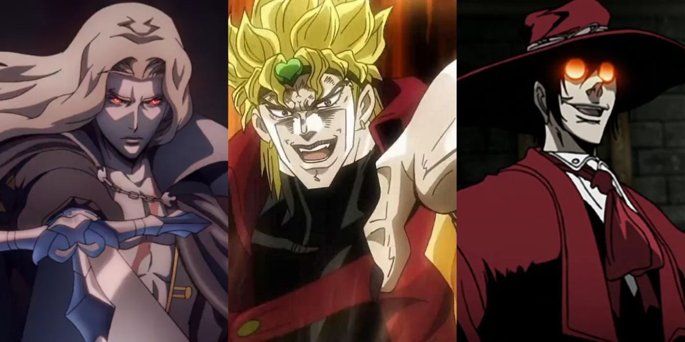 Castlevania's Alucard holding out sword (left); JJBA's Dio Brando powering up and pointing (center); Hellsing's Alucard grinning
