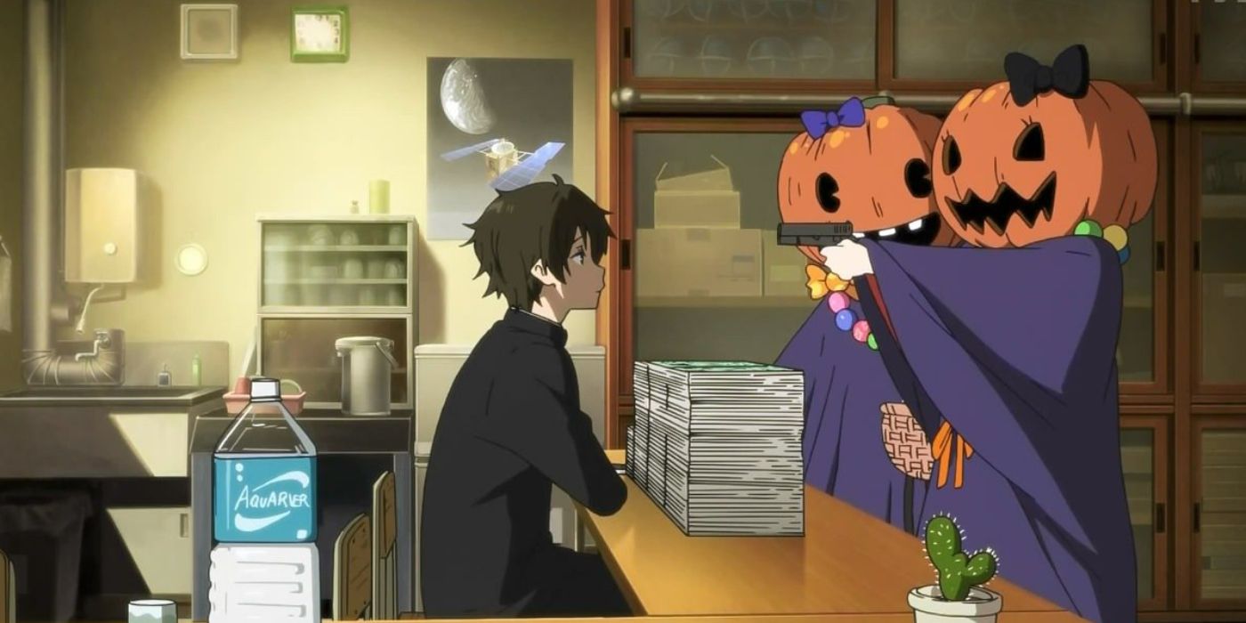Girls dressed as pumpkins pointing a gun at Hotarou from Hyouka